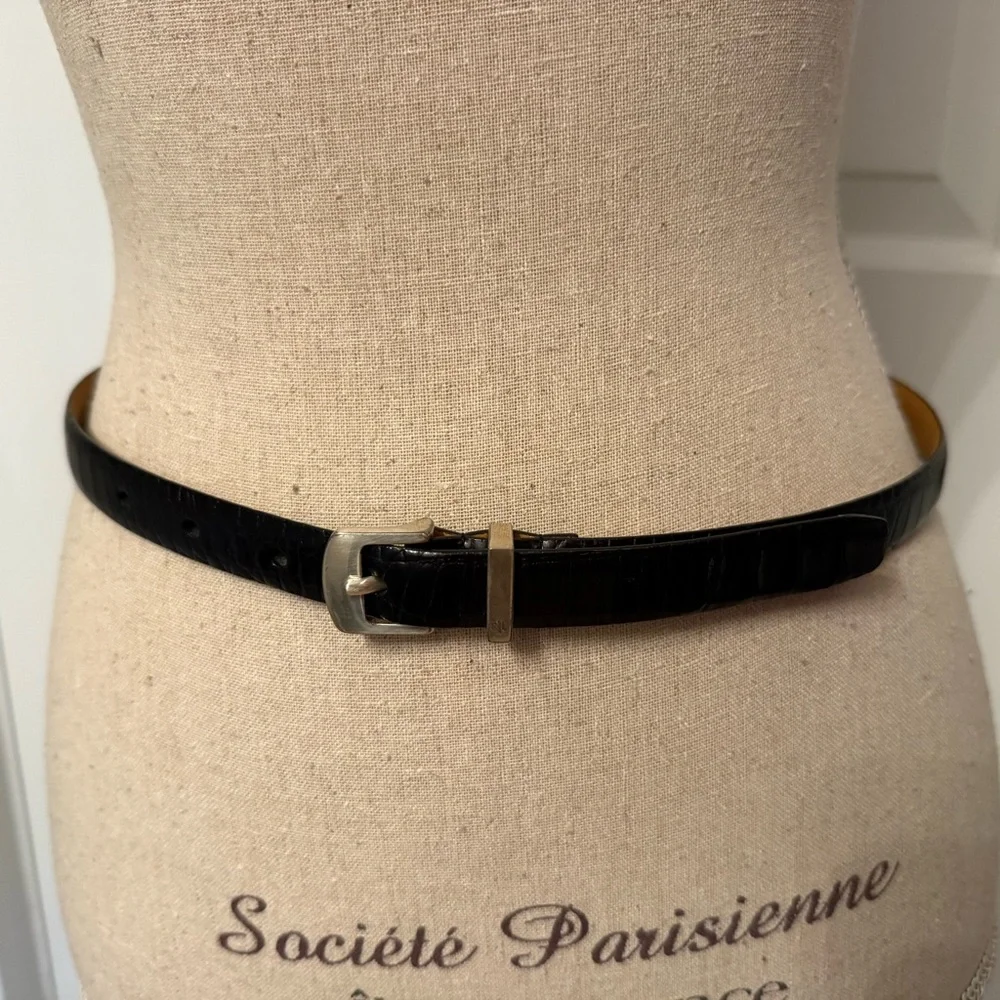 LAUREN RALPH LAUREN LRL BELT BLACK LEATHER CROC LOOK SILVER TONE BUCKLE SKINNY S